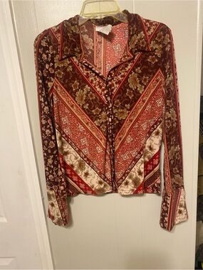 Y2K Worthington Button-Up Blouse in Rust, Cream & Burgandy Patchwork